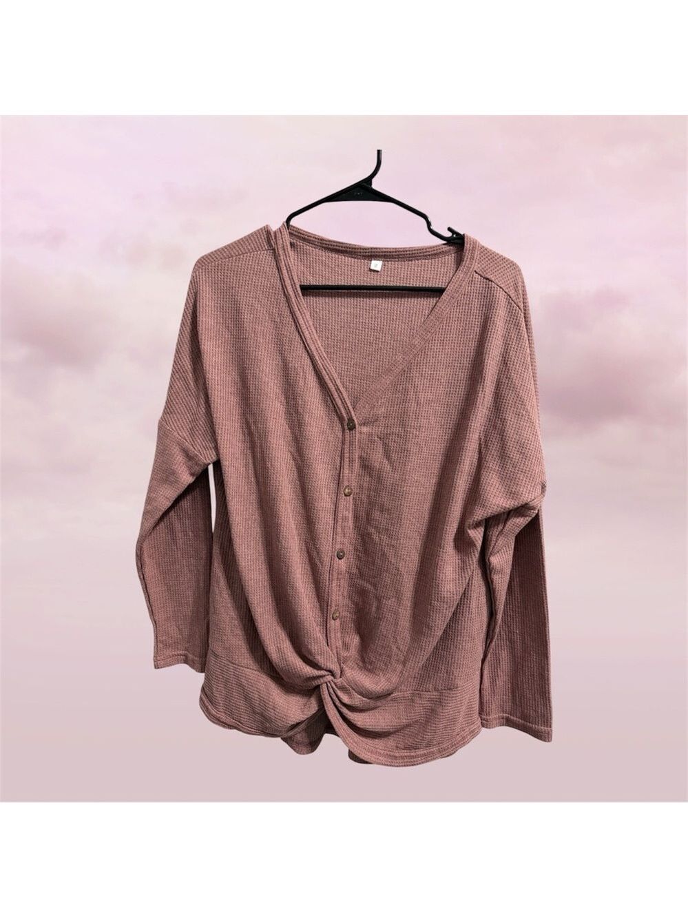 Button-Front Waffle Knit Top with Twist Hem - Dusty Mauve